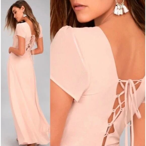 Lulus World on a String Dress Womens Medium Pink Lace-Up Maxi Short Sleeve - Picture 2 of 16